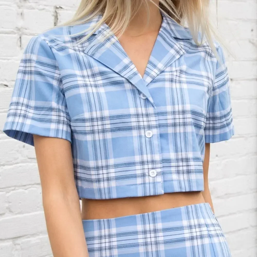 Brandy Melville Blue Plaid Crop Shirt